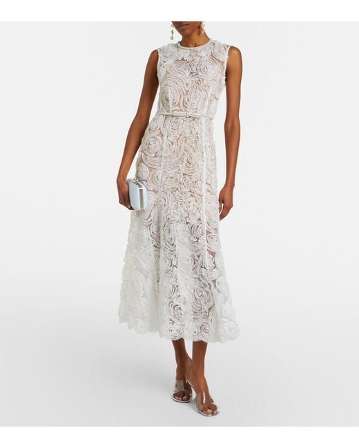 Self-Portrait White Embellished Lace-Trimmed Tulle Midi Dress