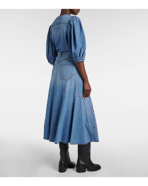 Chloé Blue Embroidered Denim Midi Skirt