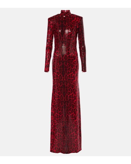 The New Arrivals Ilkyaz Ozel Red Sequined Leopard-Print Open-Back Gown