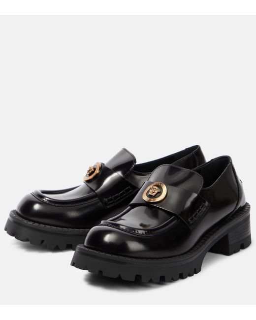 Versace Black Women Logo Leather Platform Loafers