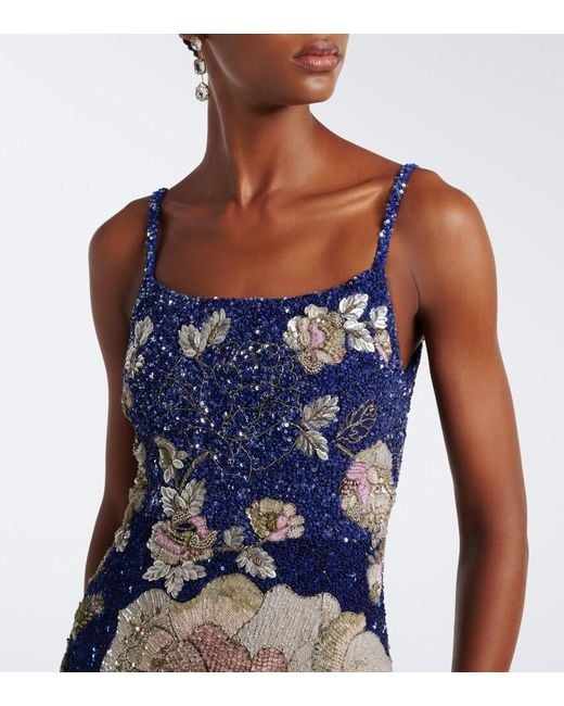 La Fuori Blue Sequined Floral Gown