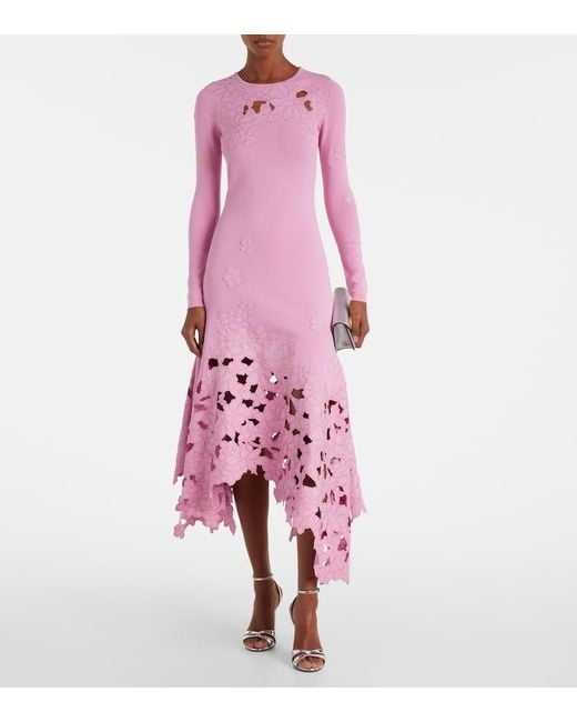 Vestido Midi Con Bordado Floral Oscar de la Renta de color Pink
