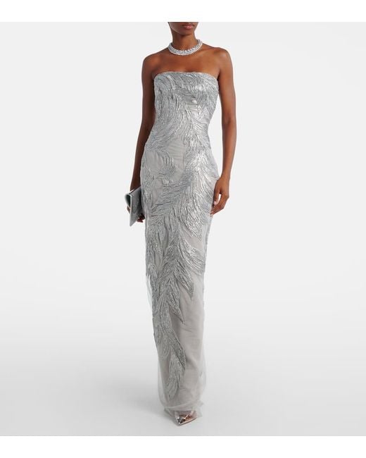 Monique Lhuillier White Embroidered Silk Tulle Gown