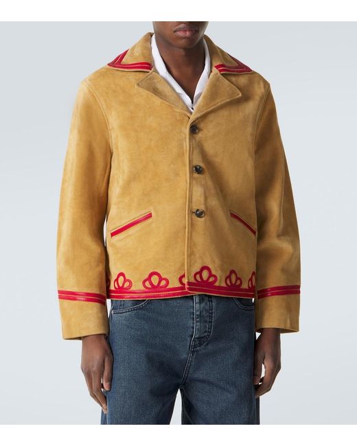 Bode Green Trefoil Leather-Trimmed Suede Jacket for men