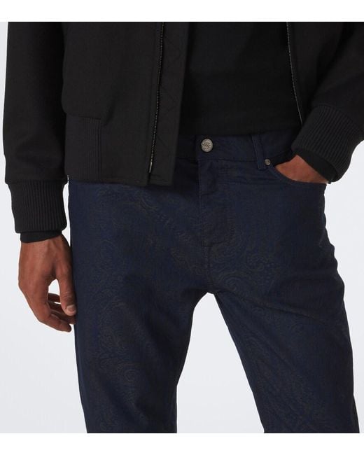 Etro Blue Jacquard Cotton-Blend Slim Pants for men