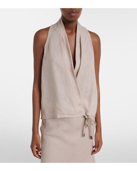 Brunello Cucinelli Natural Monili Halterneck Linen Wrap Top