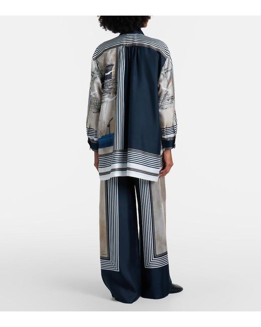 Max Mara Blue Printed Silk Twill Palazzo Pants