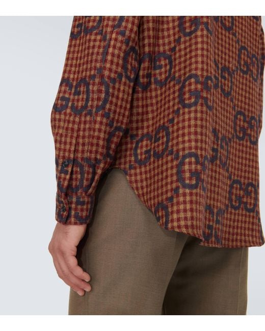Gucci Red Checked Logo-jacquard Wool Shirt for men