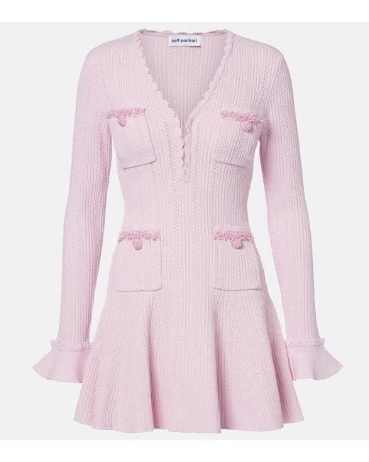Self-Portrait Pink Beaded Ribbed-Knit Minidress