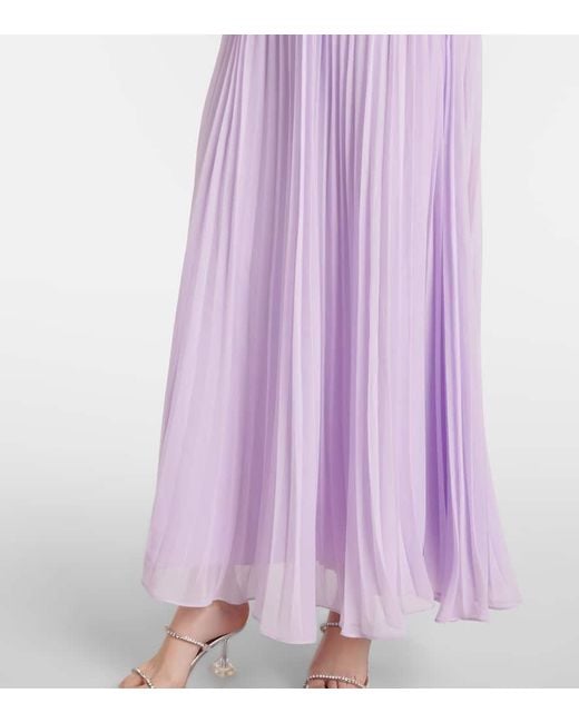 Self-Portrait Purple Feather-Trimmed Plisse Chiffon Midi Dress