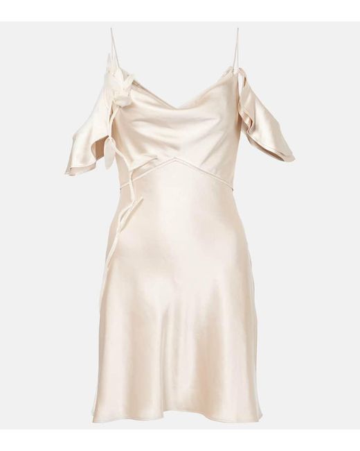 Self-Portrait Natural Floral-Applique Ruffled Satin Minidress