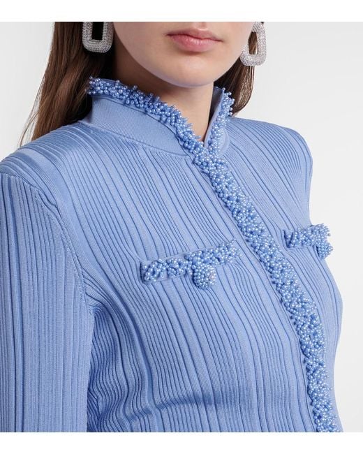 Self-Portrait Blue Beaded Ribbed-Knit Cardigan
