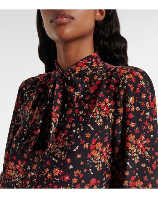Gucci Red Bow-Detail Floral Silk Blouse