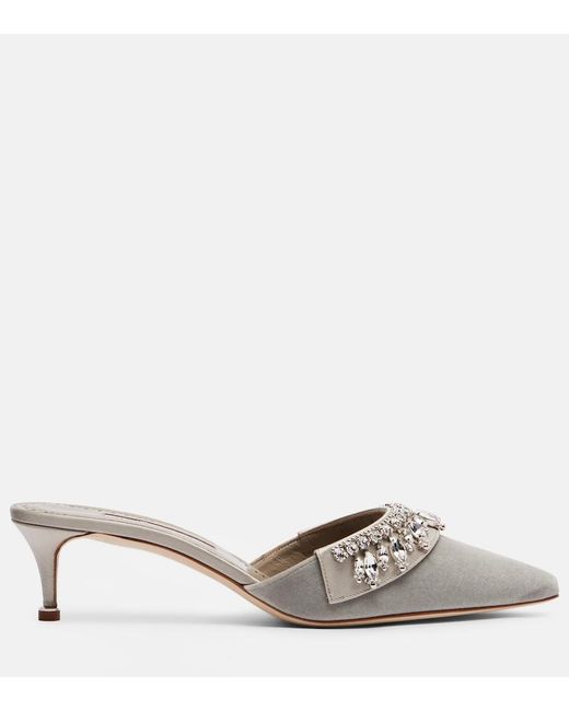 Manolo Blahnik White Tulipe 50 Embellished Velvet Mules