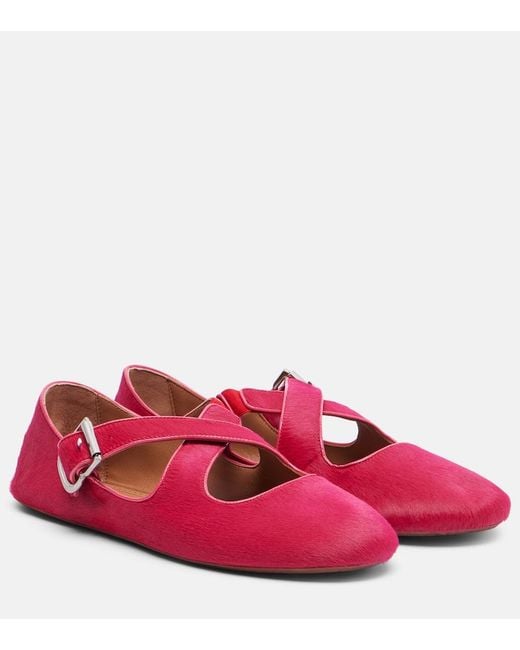 Alaïa Red Criss Cross Pony Hair Mary Jane Ballet Flats