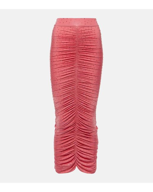 Alex Perry Red Embellished Ruched Jersey Maxi Skirt