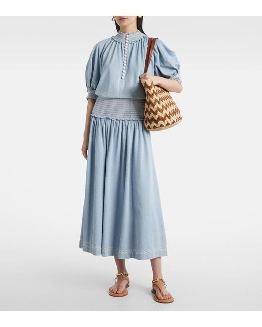 Zimmermann Blue Ascension Shirred Denim Midi Skirt