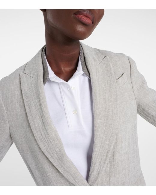 Brunello Cucinelli Gray Oversized V-Neck Linen-Blend Blazer