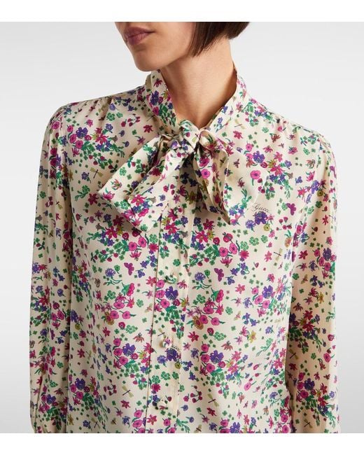 Gucci White Floral Tie-Neck Silk Shirt