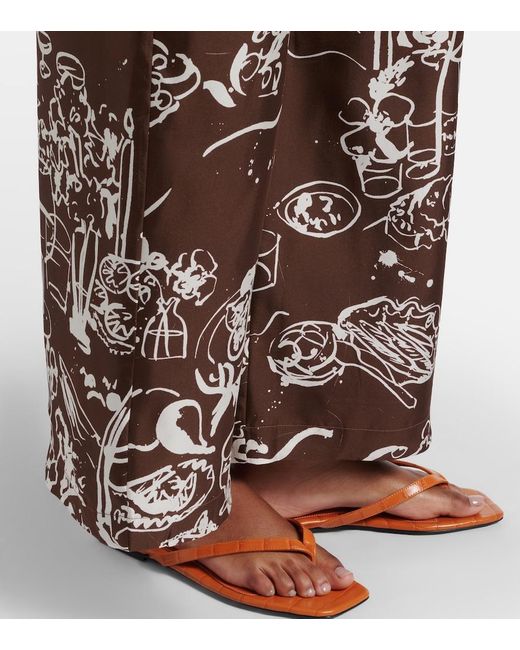 Asceno Brown Isola Printed Silk Twill Wide-Leg Pants
