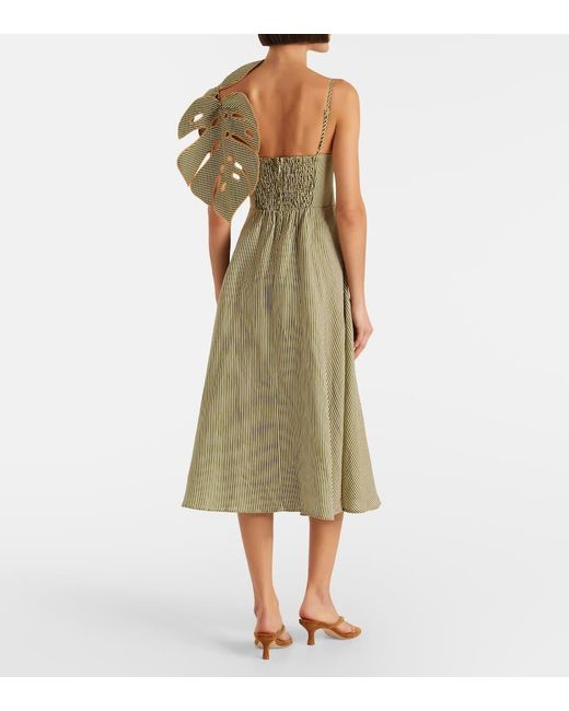 FARM Rio Women's Green Striped Monstera Linen Midi Dress - coffeafoods.com
