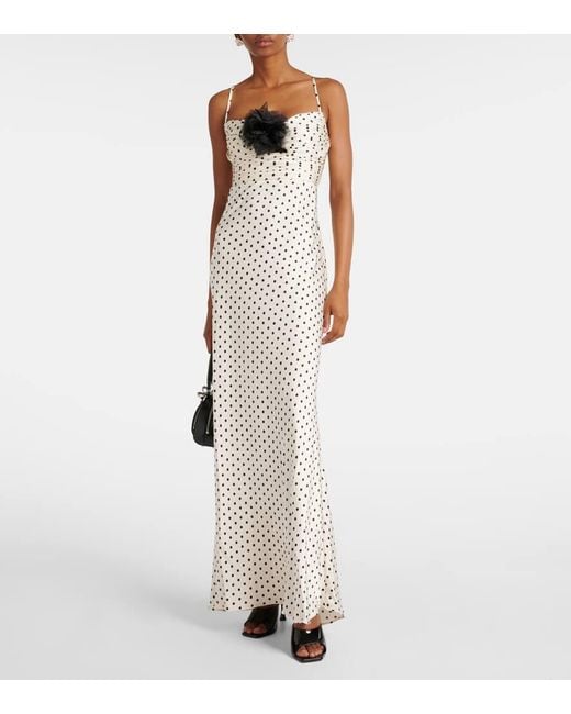 Self-Portrait White Floral-Applique Polka-Dot Satin Maxi Dress