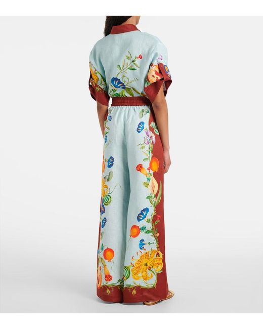 ALÉMAIS Blue Dahlia Floral Linen Wide-Leg Pants