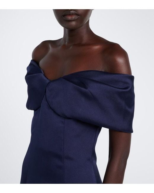 Costarellos Blue Norelle Off-Shoulder Satin Midi Dress