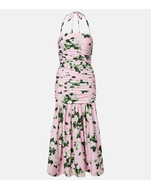 Carolina Herrera White Floral Ruched Cotton-Blend Midi Dress