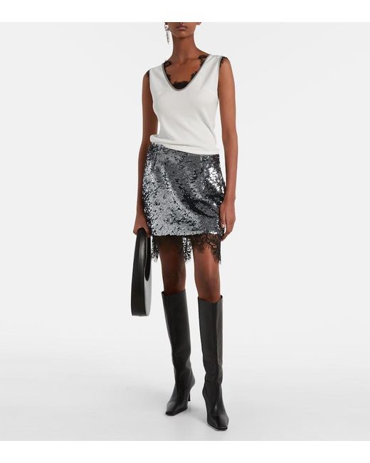 JACQUES WEI Gray Layered Lace-Trimmed Jersey Top
