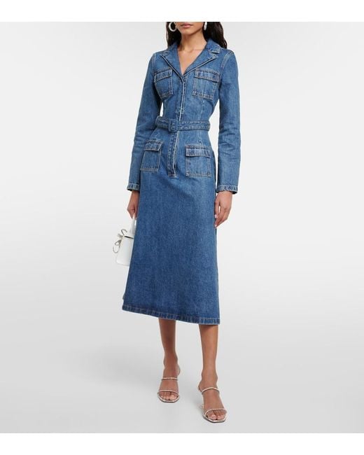 Vestido Midi De Denim Con Cinturon Self-Portrait de color Blue