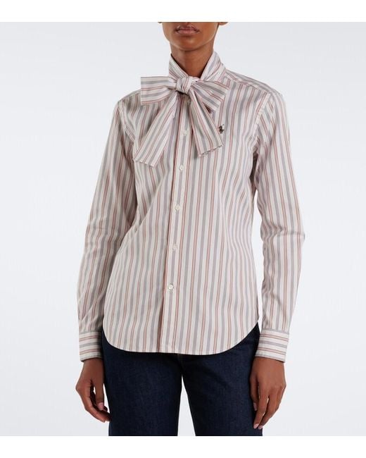 Polo Ralph Lauren White Bow-Detail Striped Cotton Poplin Shirt