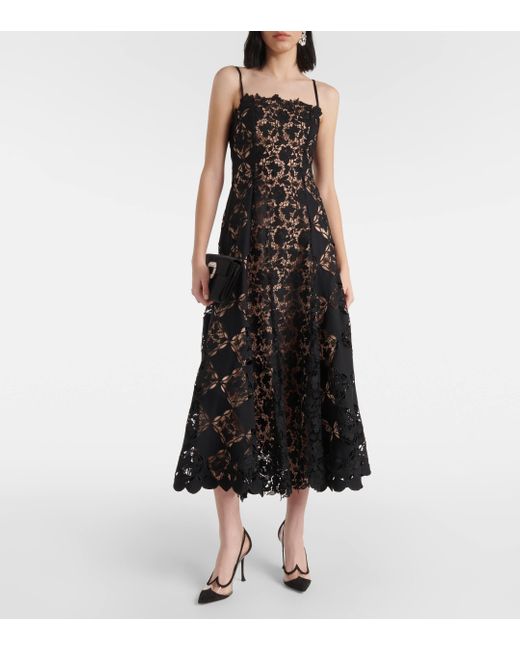 Oscar de la Renta Black Gardenia Lace Midi Dress