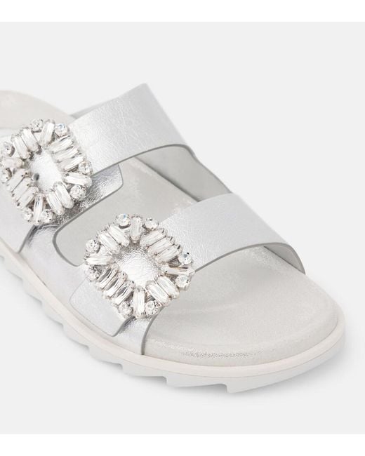 Roger Vivier White Crystal-Embellished Metallic Leather Slides