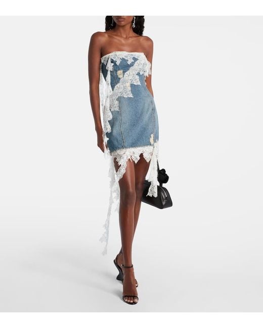 Vestido Corto De Denim Con Encaje Blumarine de color Blue