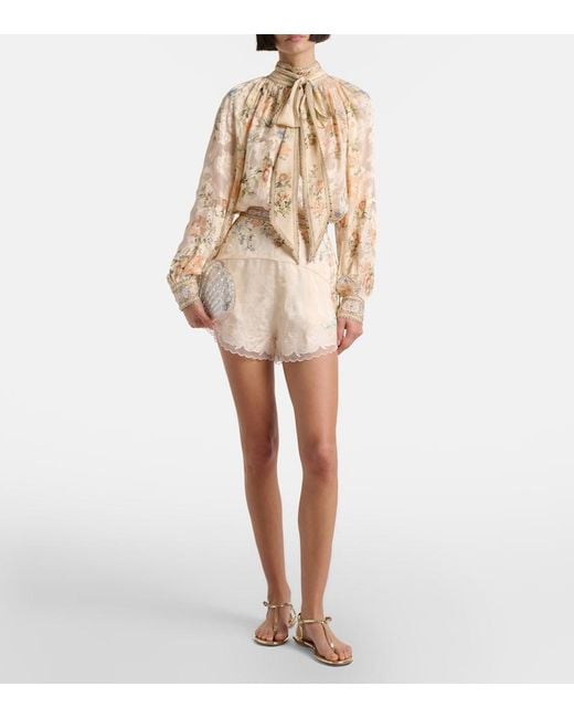 Camilla Natural Embellished Floral Tie-Neck Silk-Blend Blouse