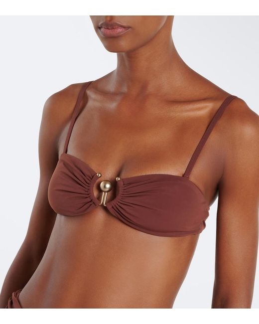 Christopher Esber Brown Embellished Ruched Bikini Top