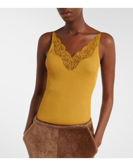 Saint Laurent Yellow Lace-Trimmed Ribbed-Knit Silk Top