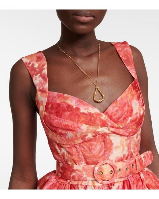 Zimmermann Red Floral-print Corseted Linen-silk Mini Dress