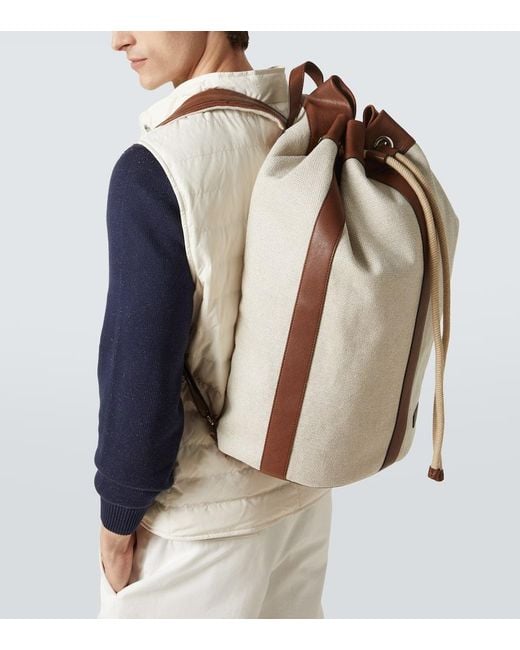 Brunello Cucinelli Brown Leather-Trimmed Canvas Backpack for men