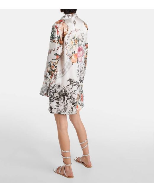 Camilla White Bedrucktes Hemdblusenkleid aus Seidensatin