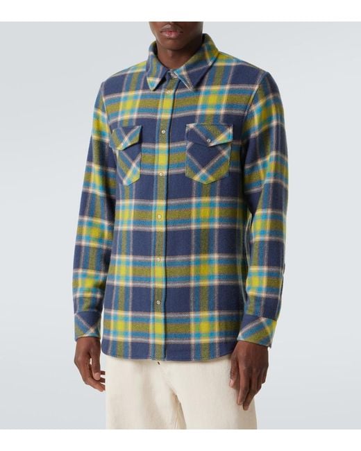 God's True Cashmere Blue Explorer Plaid Cashmere Shirt With Quartz for men