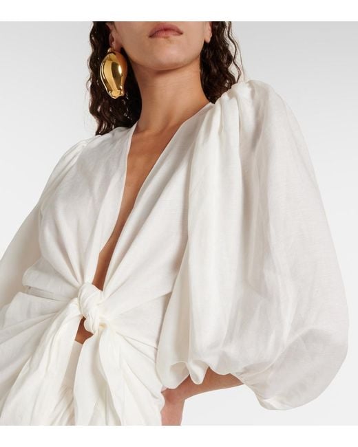 Adriana Degreas White Puff-Sleeve Linen-Blend Blouse
