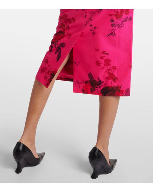 Erdem Red Floral Cotton Faille Pencil Skirt