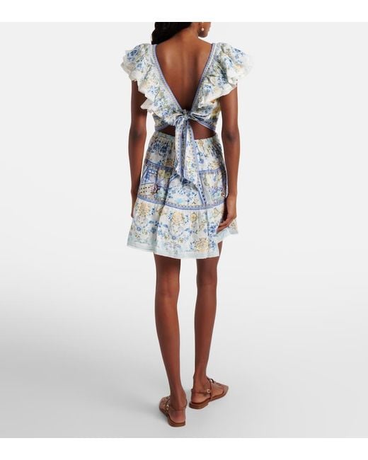 Camilla Blue Embellished Floral Linen Minidress