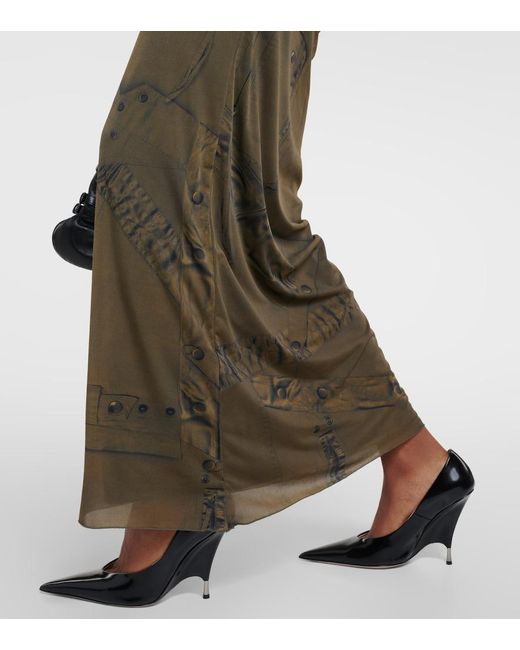 Blumarine Green Printed Ruched Jersey Maxi Dress