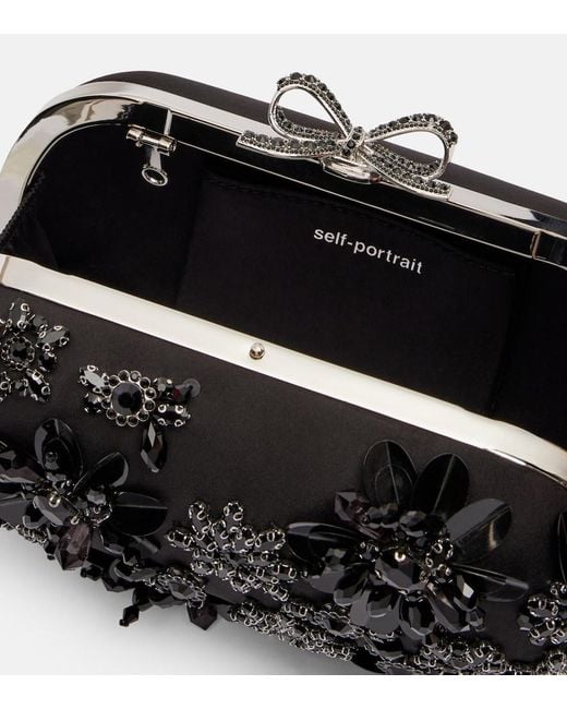Self-Portrait Black Crystal-Embellished Floral Satin Clutch