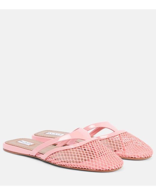 Alaïa Pink Patent Leather-Trimmed Fishnet Mules