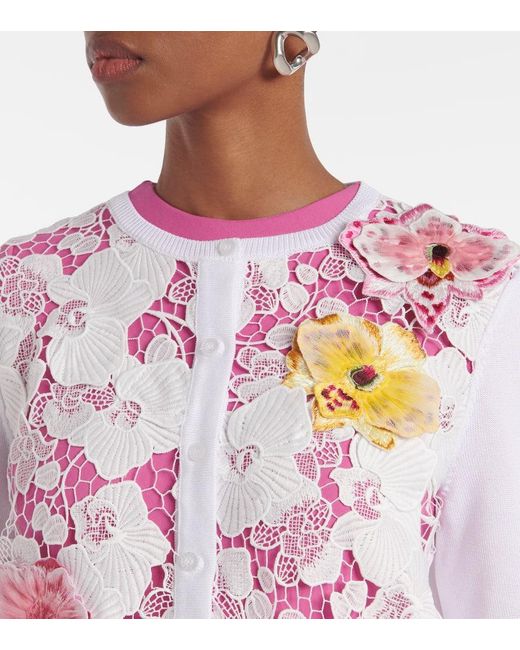 Oscar de la Renta White Floral-Applique Cotton-Blend Cardigan