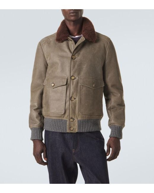 Brunello Cucinelli Green Shearling-Lined Leather Blouson Jacket for men